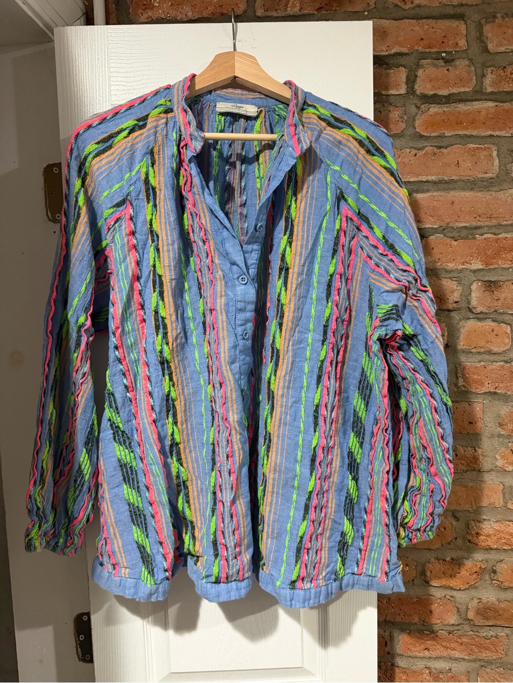 Anthropologie Textured Striped Button-Up Shirt in Light Blue with Neon Accents